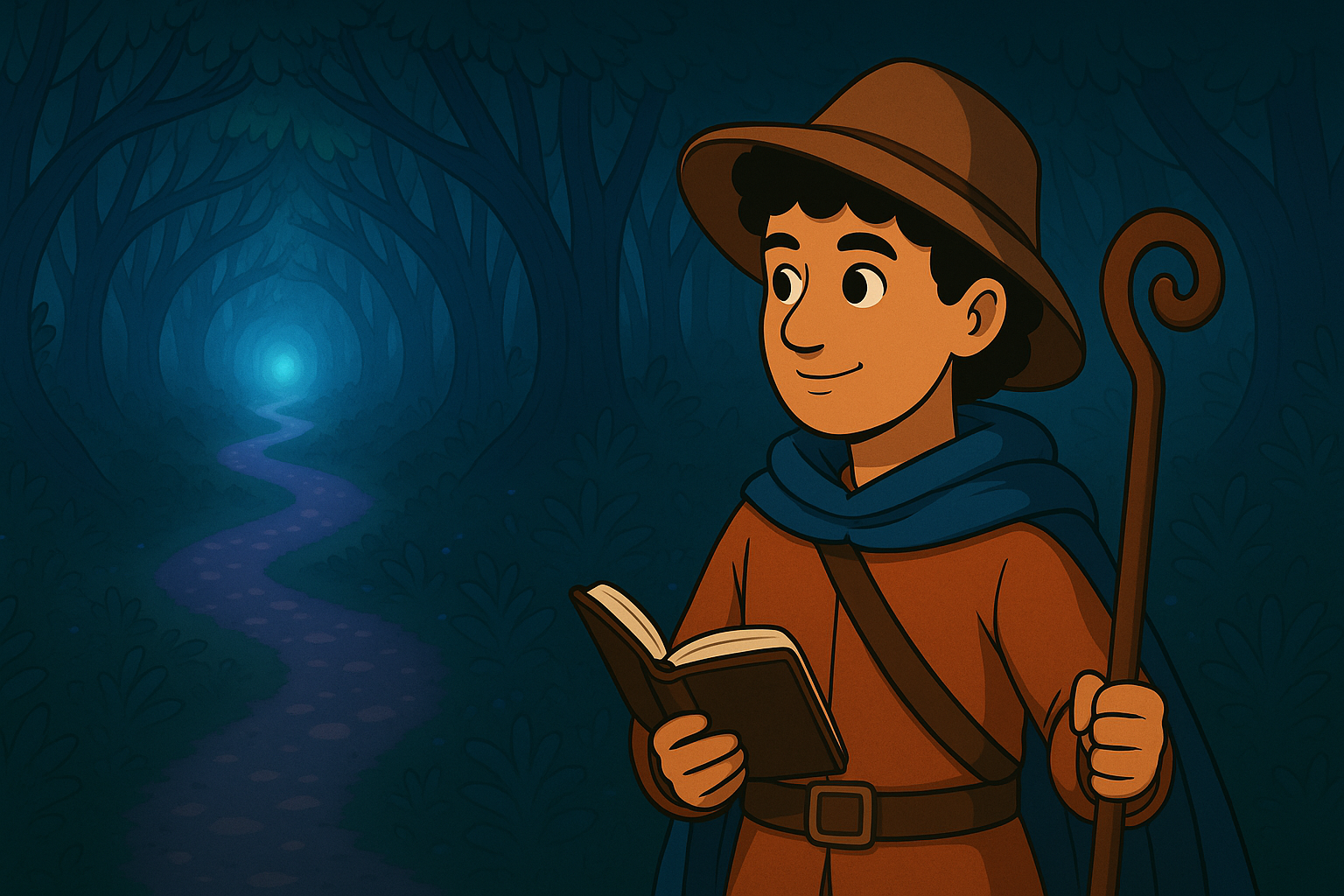 Adventurer with book and staff in mystical forest
